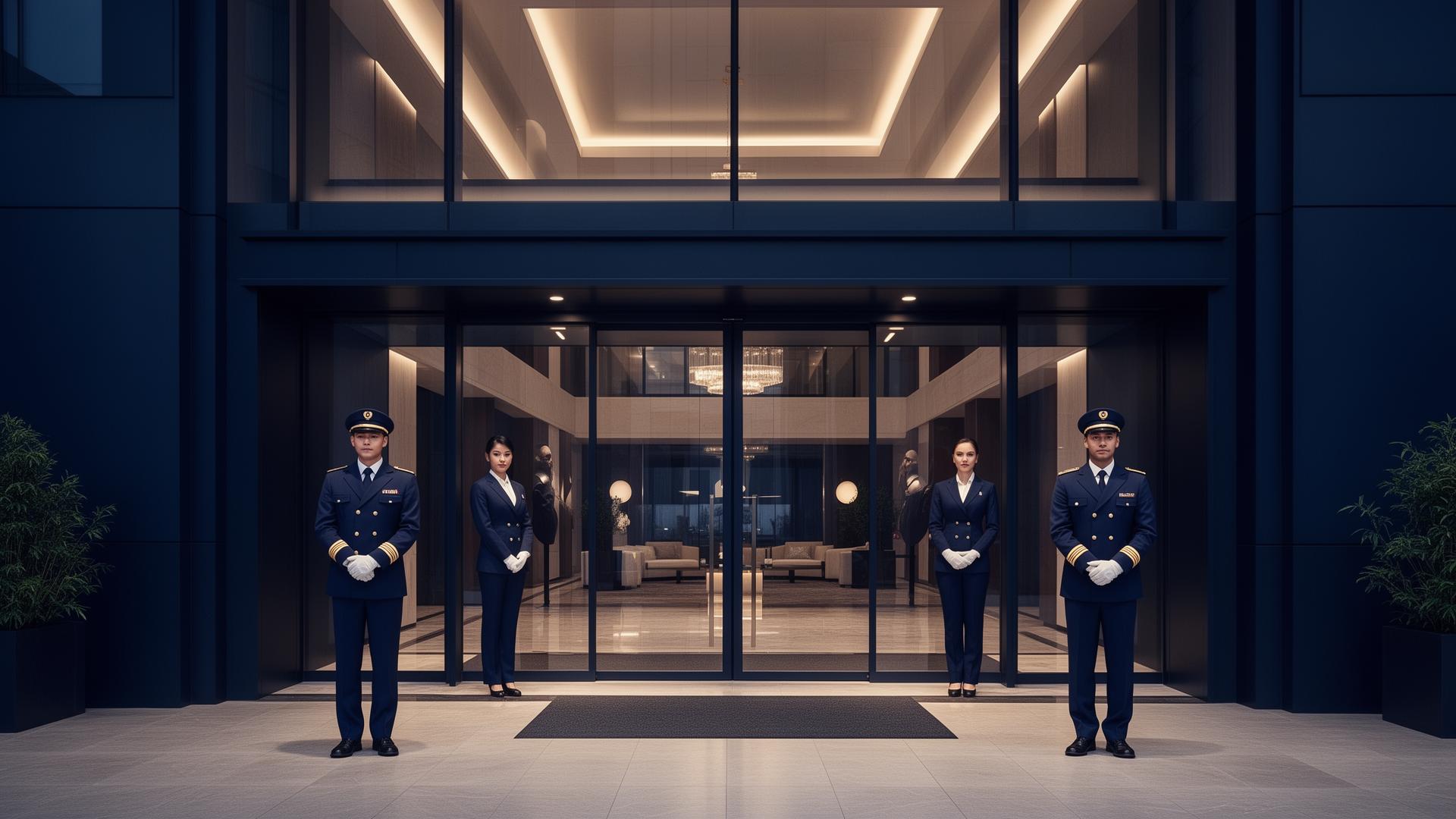 Equipe profissional de portaria em entrada corporativa